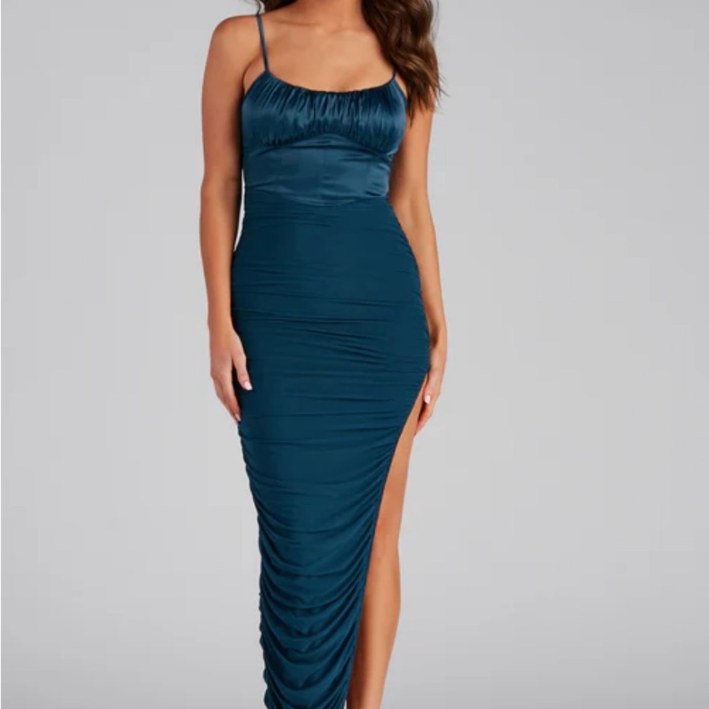 Windsor Myka Formal Square Neck Mesh Dress | S | Teal